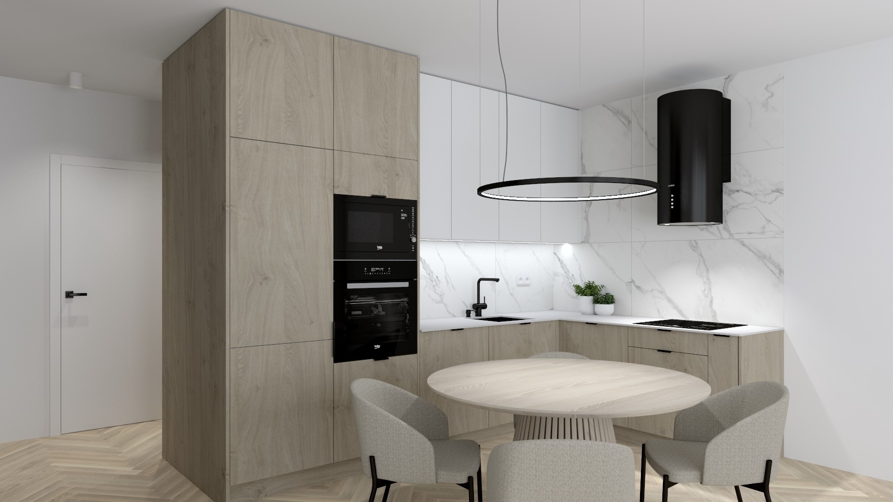 Nowoczesna kuchnia z drewnianymi frontami szafek, marmurowym backsplash, okrągłym stołem z czterema krzesłami i czarnym okrągłym żyrandolem.