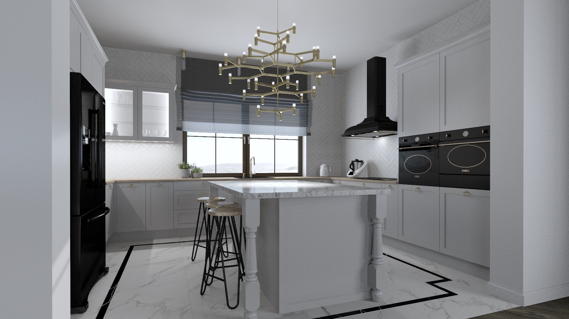 Jasnoszara kuchnia w stylu klasycznym z wyspą, marmurową podłogą z czarnymi akcentami i designerską, złotą lampą wiszącą.