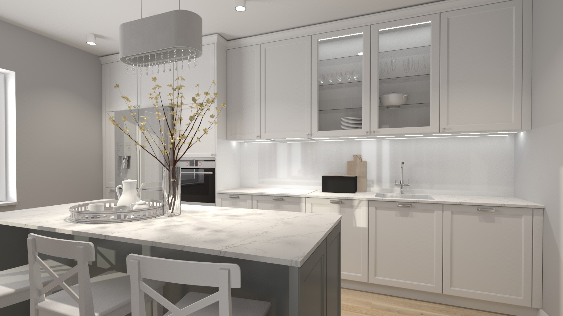 Wizualizacja kuchni w jasnych barwach z wyspą, białymi szafkami z podświetleniem LED, szklanymi witrynami i marmurowym blatem, dekorowana wazonem z gałązkami.