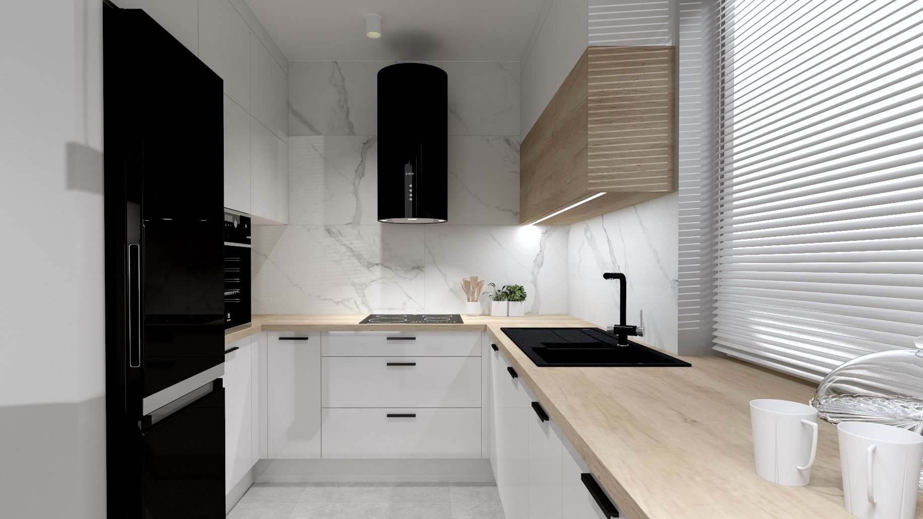 Nowoczesna kuchnia z białymi szafkami, drewnianym blatem, czarnym okapem cylindrycznym i marmurową ścianą, minimalistyczny design z elementami drewna i czerni.