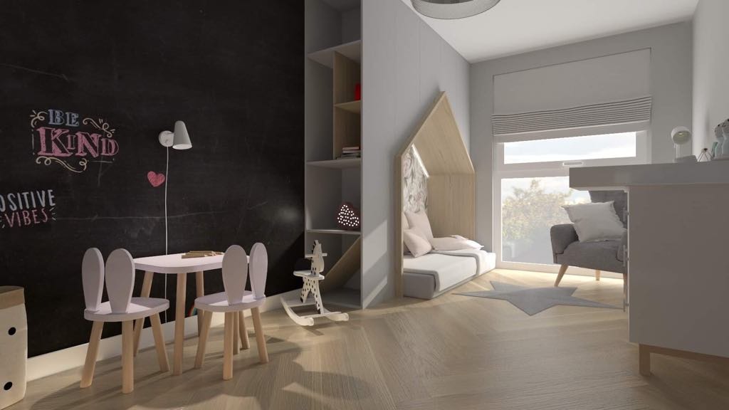 Pokój dziecięcy z czarną tablicą kredową, stolikiem z krzesełkami w kształcie króliczych uszu, regałem z dekoracjami i łóżkiem w kształcie domku.