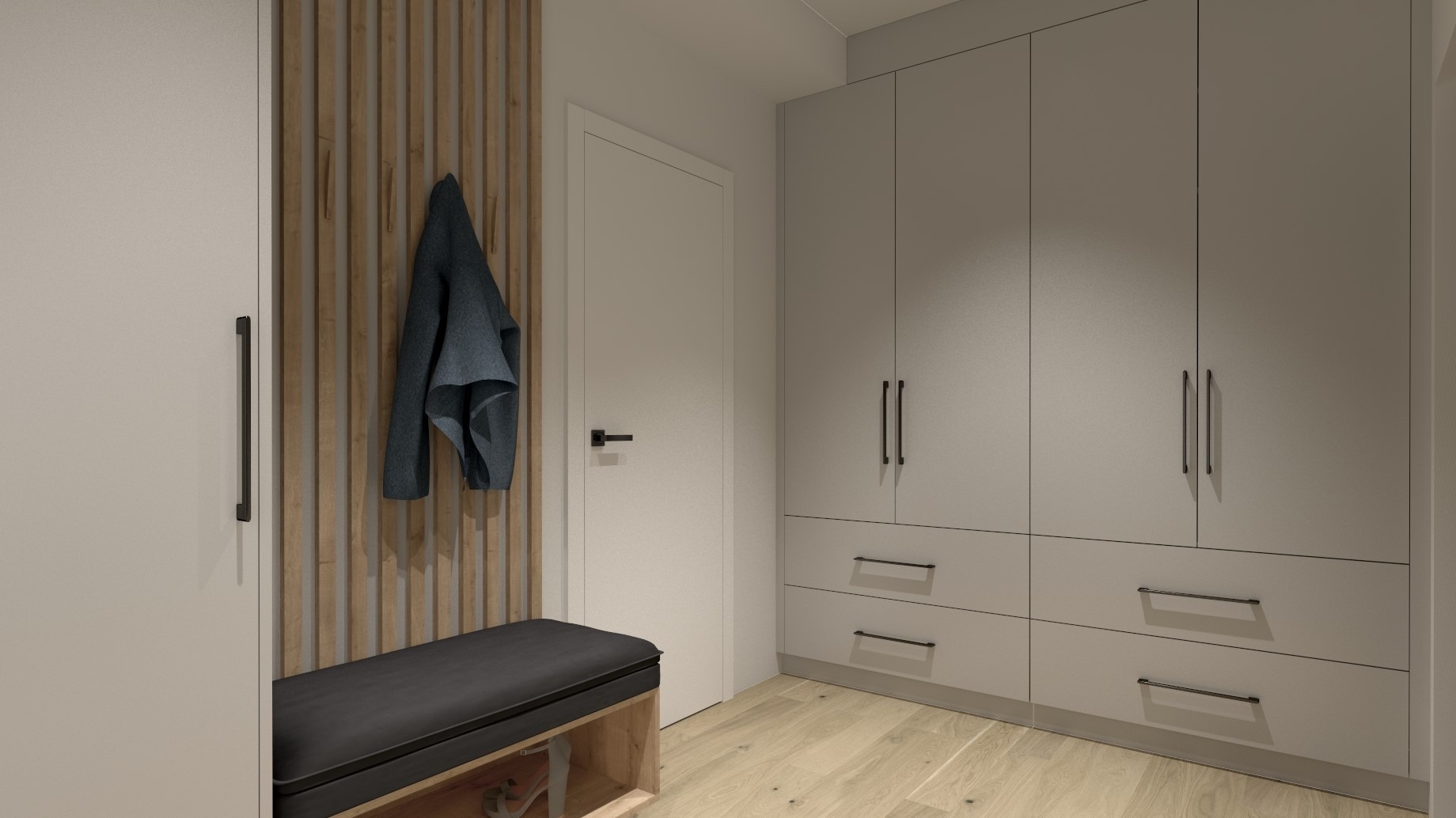 Wizualizacja przedpokoju z zabudową szaf, panelem dekoracyjnym z wieszakiem na ubrania i siedziskiem z szufladą na buty.
