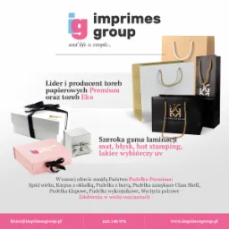 Różnorodne pudełka i torby papierowe premium w kolorach białym, różowym i czarnym, z logo i wstążkami, prezentowane na reklamowym tle z tekstem o laminacjach i zdobieniach.