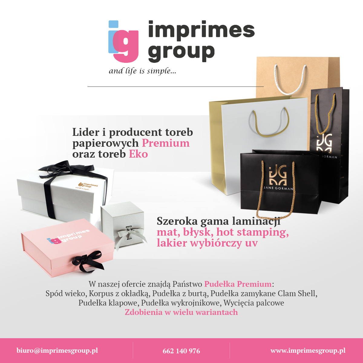 Różnorodne pudełka i torby papierowe premium w kolorach białym, różowym i czarnym, z logo i wstążkami, prezentowane na reklamowym tle z tekstem o laminacjach i zdobieniach.