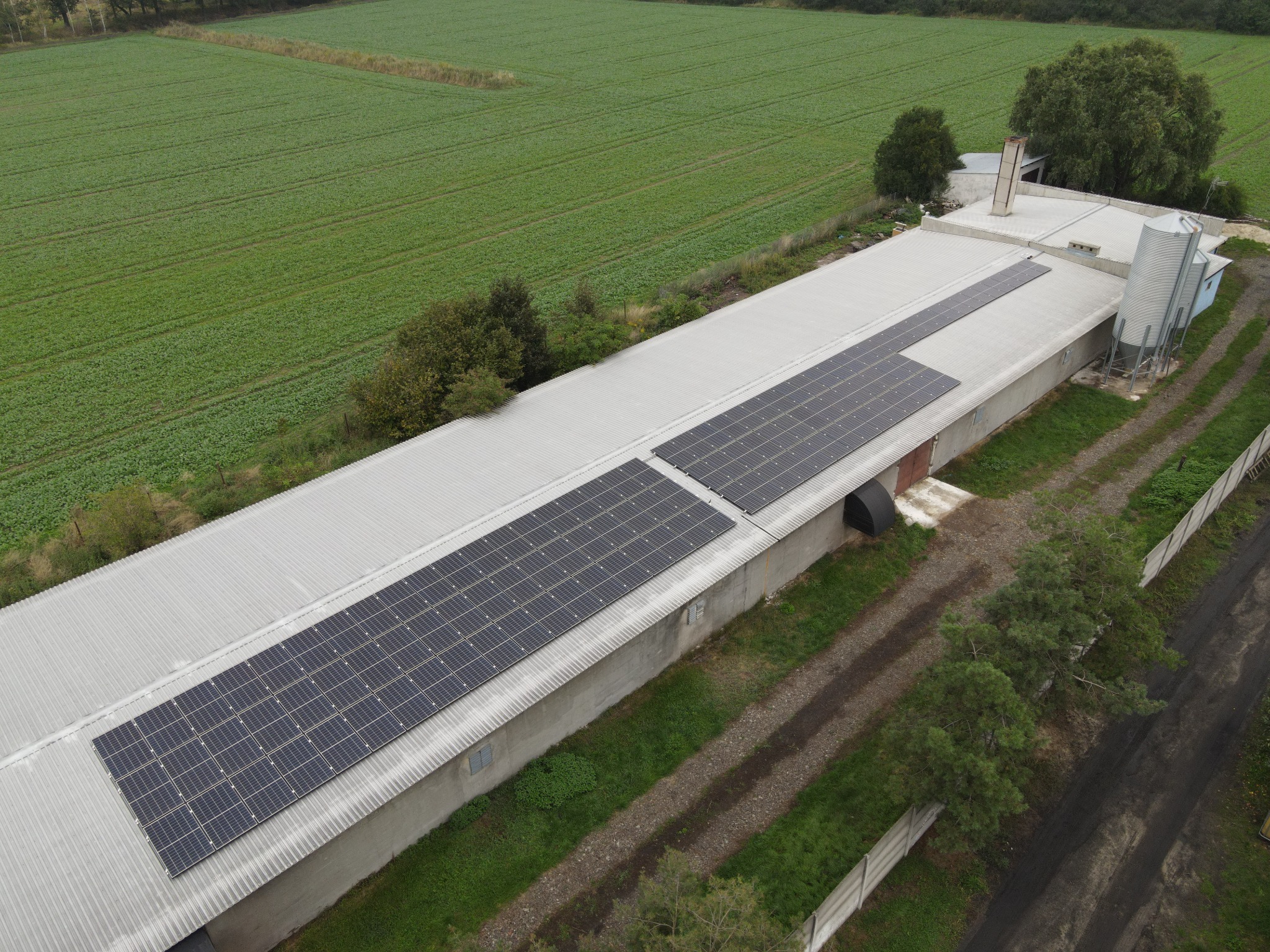 Widok z góry na duży budynek gospodarczy z zamontowanymi panelami słonecznymi na dachu, otoczony polami uprawnymi i drzewami.