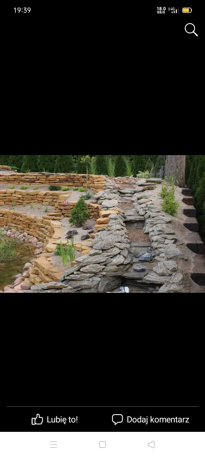 Ogród z kaskadą wodną zbudowaną z szarego kamienia, obok oczko wodne, roślinność ozdobna i drzewa iglaste w tle.