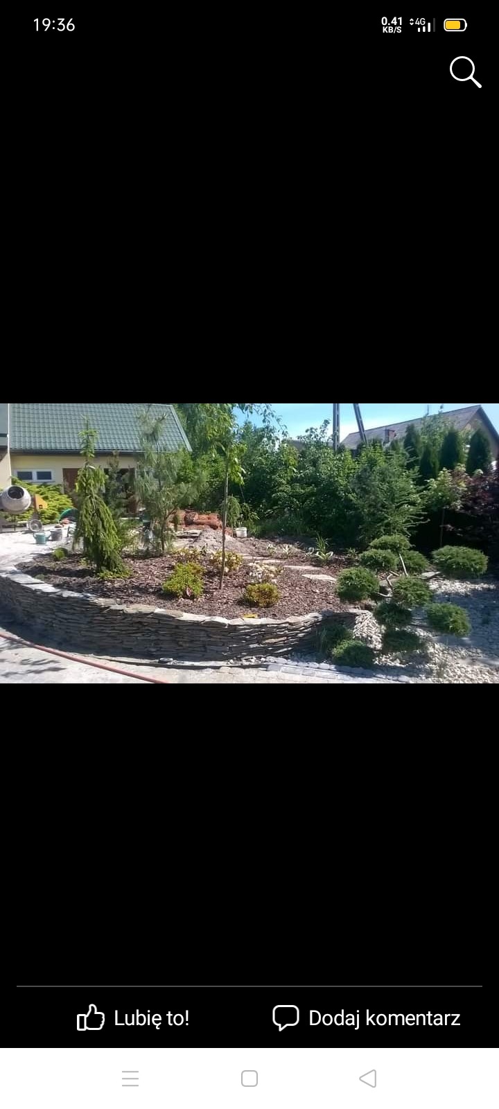 Ogród przydomowy z kamienną rabatą, obsadzony różnorodnymi iglakami i krzewami ozdobnymi, wyściółkowany korą. W tle widoczny dom z zielonym dachem i betonowa betoniarka.