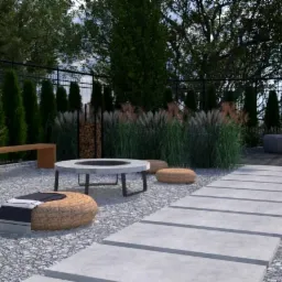 Wizualizacja ogrodu z okrągłym paleniskiem, betonowymi płytami chodnikowymi, ozdobnymi trawami i żywopłotem z iglaków w tle.