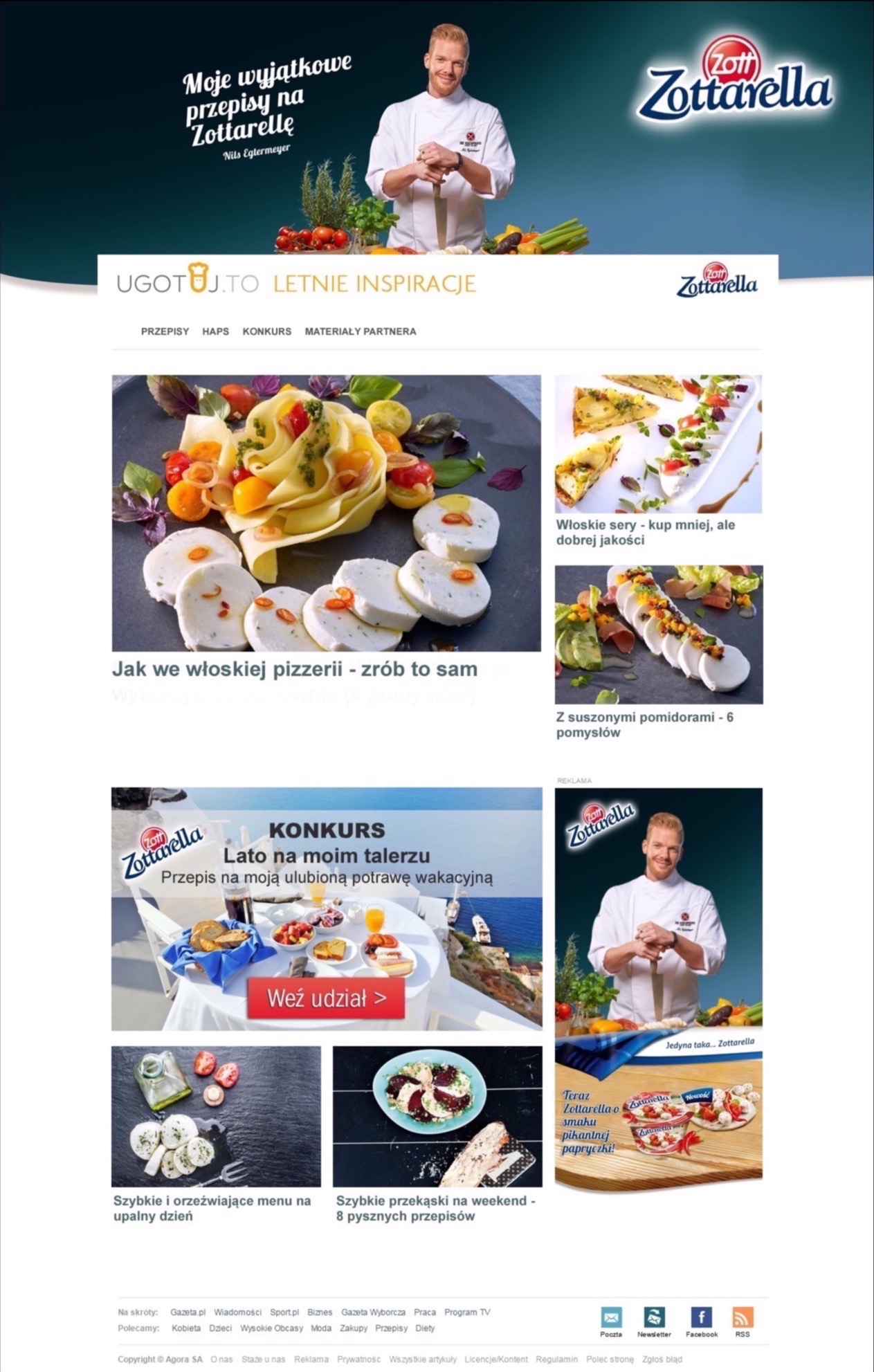 Zrzut ekranu strony internetowej z przepisami kulinarnymi i reklamą serów Zottarella, prezentujący różne dania i konkurs z motywem letnim.