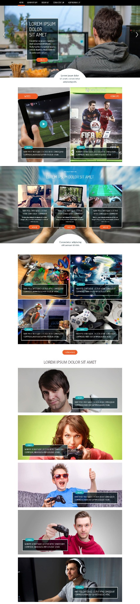 Układ strony internetowej prezentujący różne sekcje, w tym nagłówek z menu, slider z tekstem i obrazem, sekcje z miniaturami gier i wizerunkami osób, oraz stopkę z tekstem.