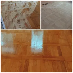 Trzy kadry parkietu w trakcie renowacji: pierwszy - przed obróbką, drugi - po szlifowaniu, trzeci - po nałożeniu lakieru, ukazujący wysoki połysk.