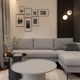 Jasnoszary narożnik z poduszkami, stoliki kawowe w salonie z galerią czarno-białych zdjęć na ścianie, minimalistyczna lampa i zasłony w odcieniach szarości.