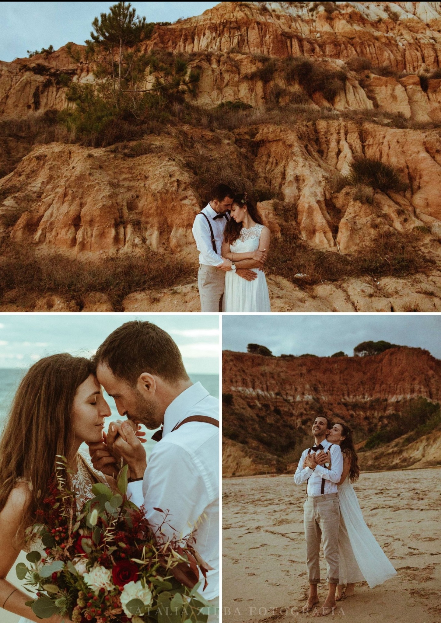 Para młoda w objęciach na plaży z piaskowymi klifami w tle, bukiet z czerwonymi różami, styl rustykalny, delikatne oświetlenie.