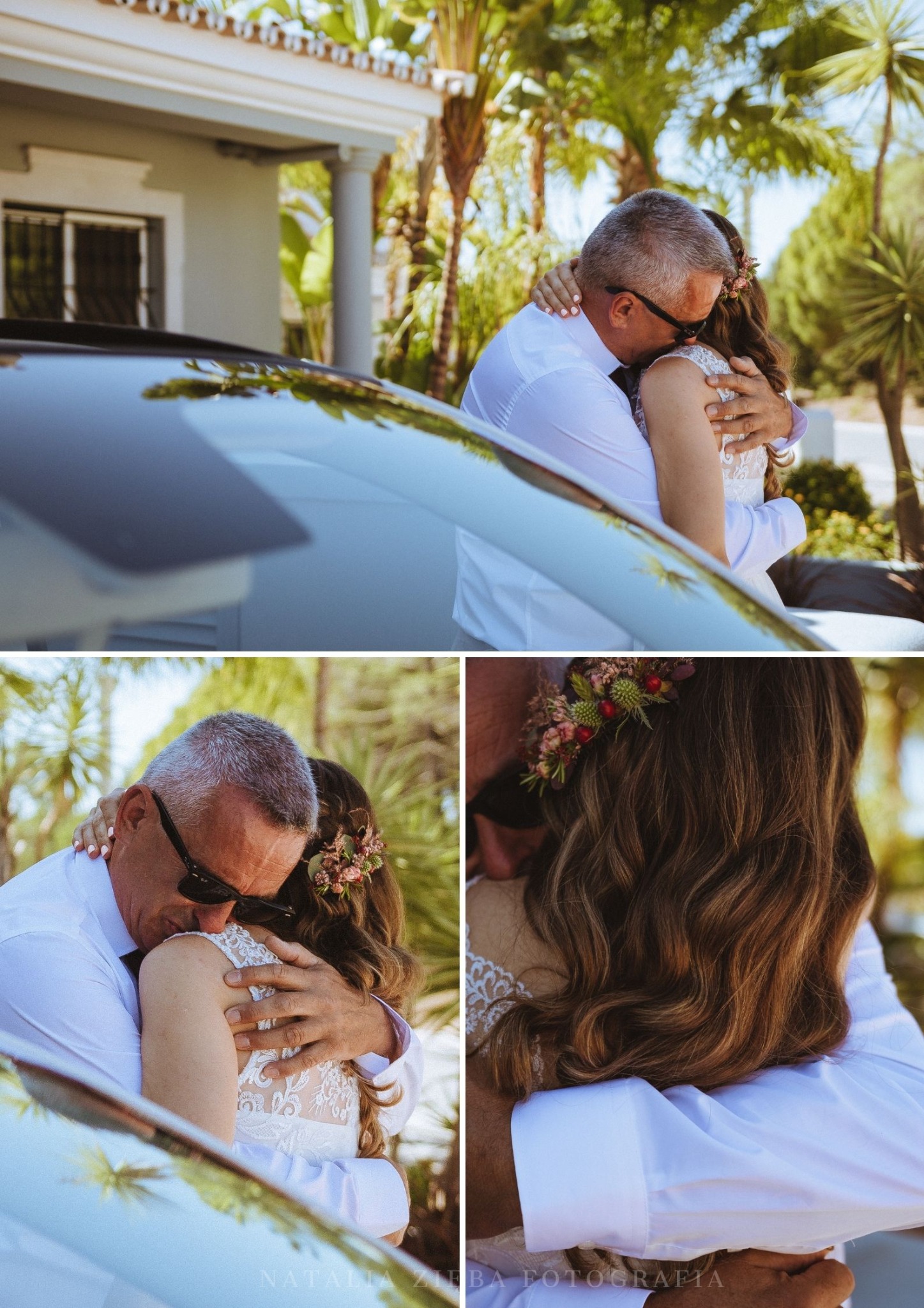 Wzruszający moment pożegnania panny młodej z ojcem przed ceremonią, widoczne detale sukni ślubnej i kwiatowy wianek we włosach, odbicie w karoserii samochodu.