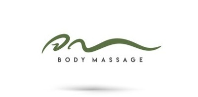 Logo z zielonym, stylizowanym motywem falistym i napisem 'BODY MASSAGE' poniżej, na białym tle.
