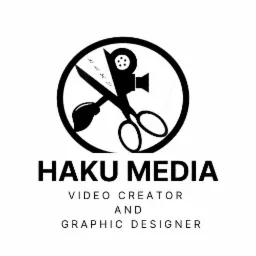 Czarno-białe logo firmy HAKU MEDIA, przedstawiające kamerę filmową i pędzel przecięte nożyczkami w okręgu, z napisem 'VIDEO CREATOR AND GRAPHIC DESIGNER'.