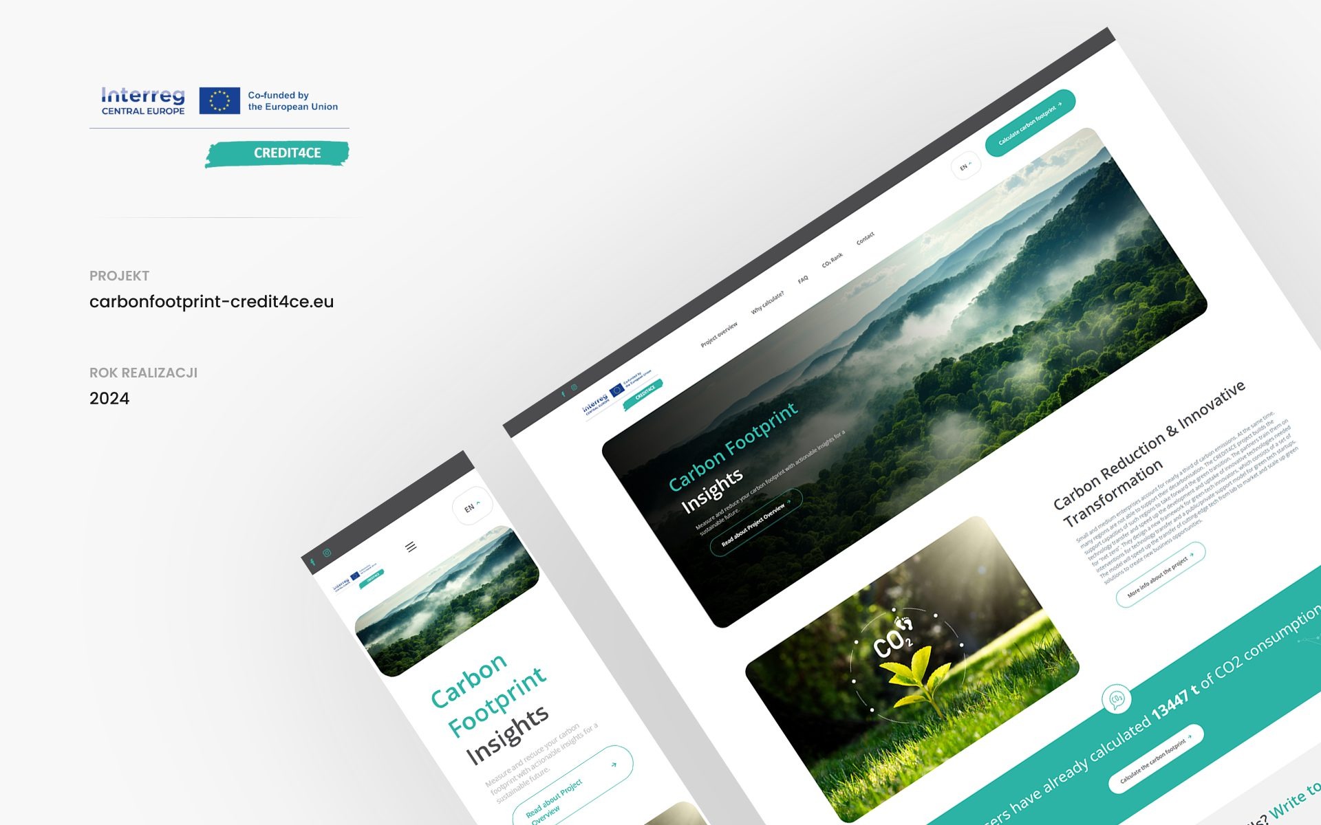 Prezentacja responsywnej strony internetowej projektu Carbon Footprint na laptopie i smartfonie. Widok z góry, minimalizm, zieleń, ekologia, rok realizacji 2024.