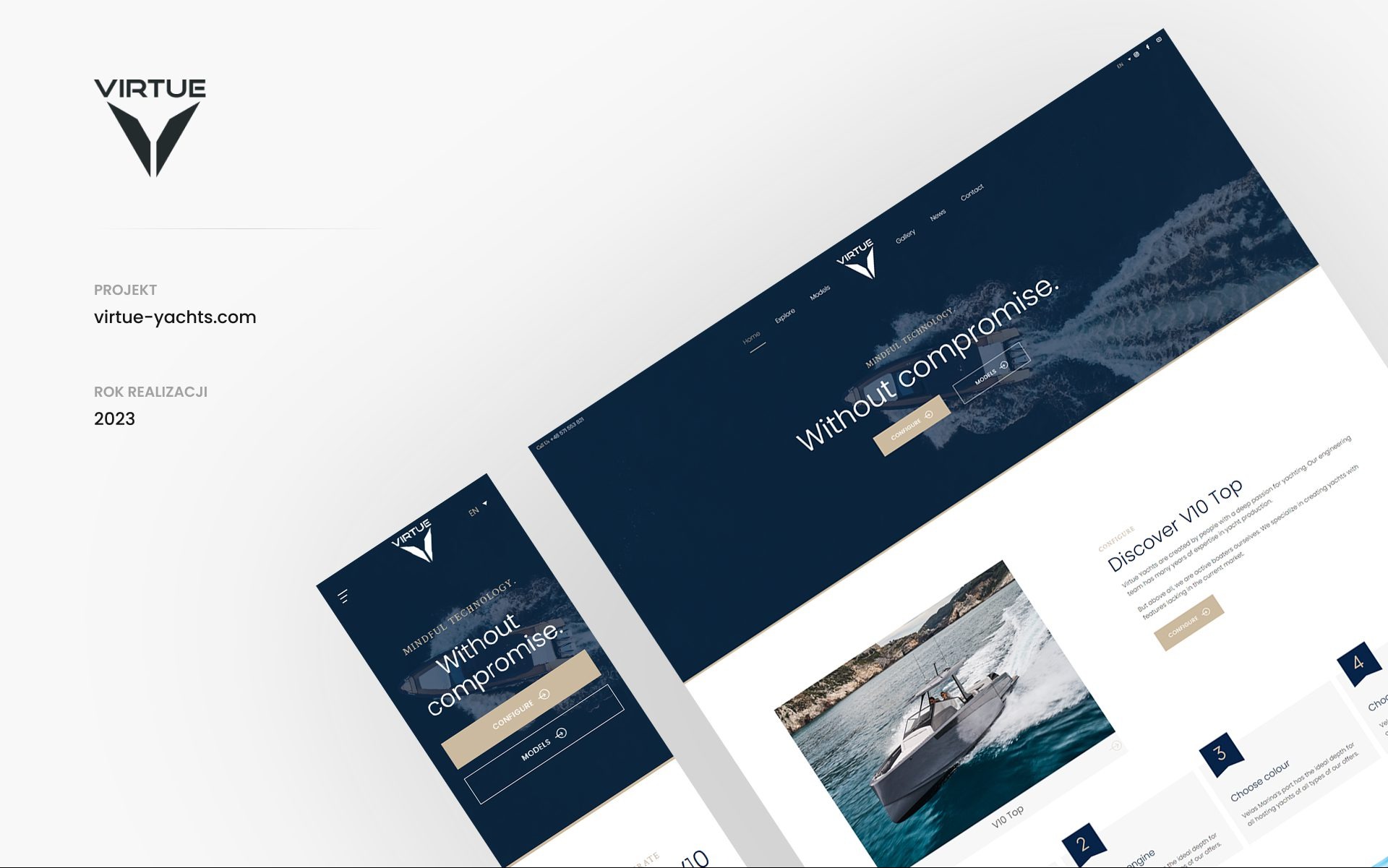 Prezentacja strony internetowej Virtue Yachts na różnych urządzeniach. Układ strony zawiera hasło 'Without compromise', menu i zdjęcie jachtu V10 Top.