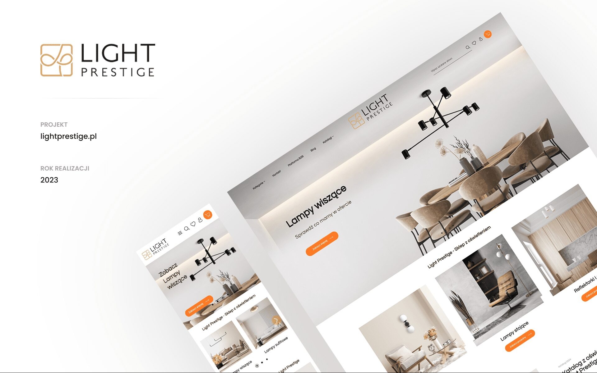 Prezentacja strony internetowej Light Prestige z ofertą lamp wiszących, ukazana na ekranie komputera i smartfona. Estetyczny design, rok realizacji 2023.