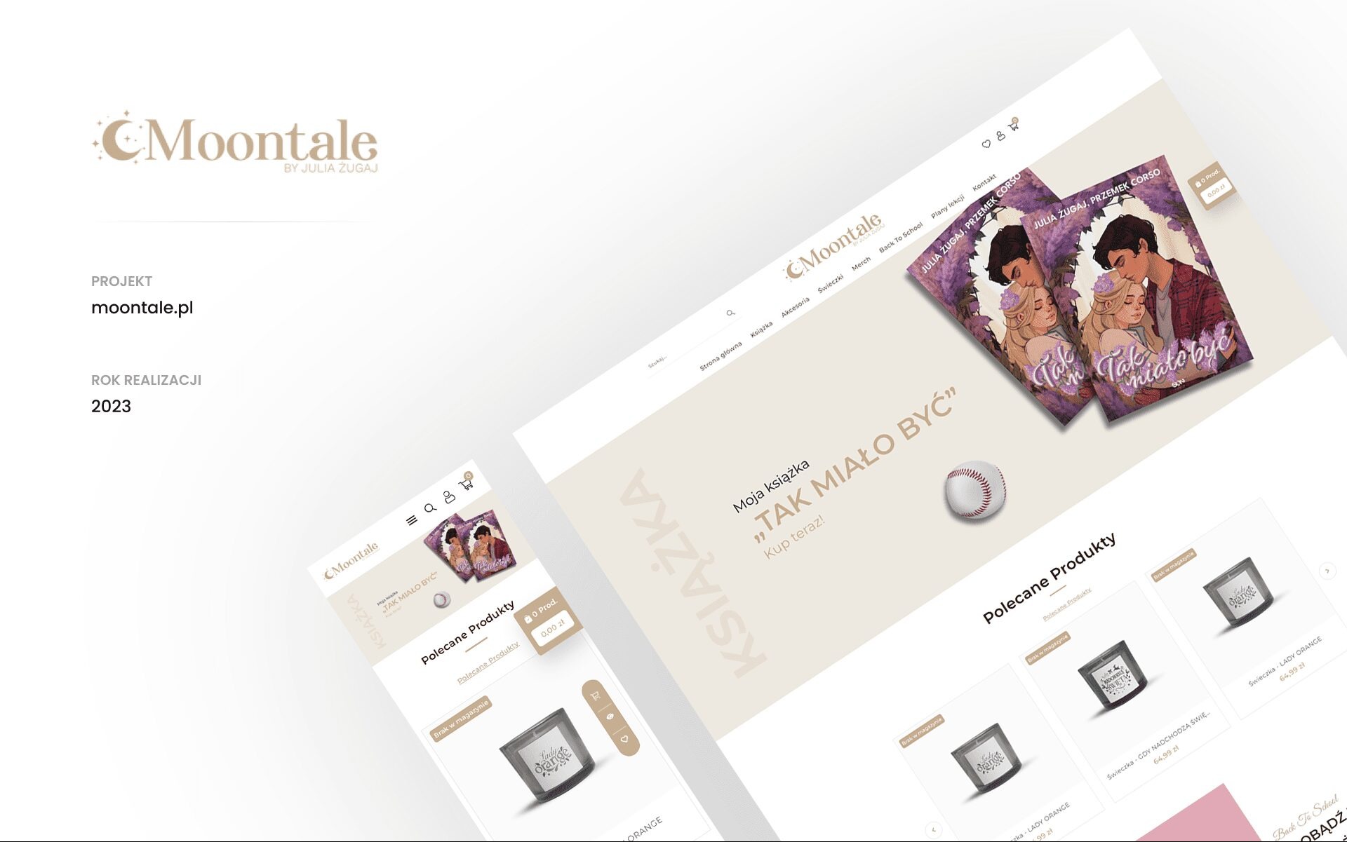 Prezentacja strony internetowej Moontale z książką 'Tak miało być' Julii Żugaj i Przemka Corso, świecami i akcesoriami. Widok na ekranie laptopa i smartfona.