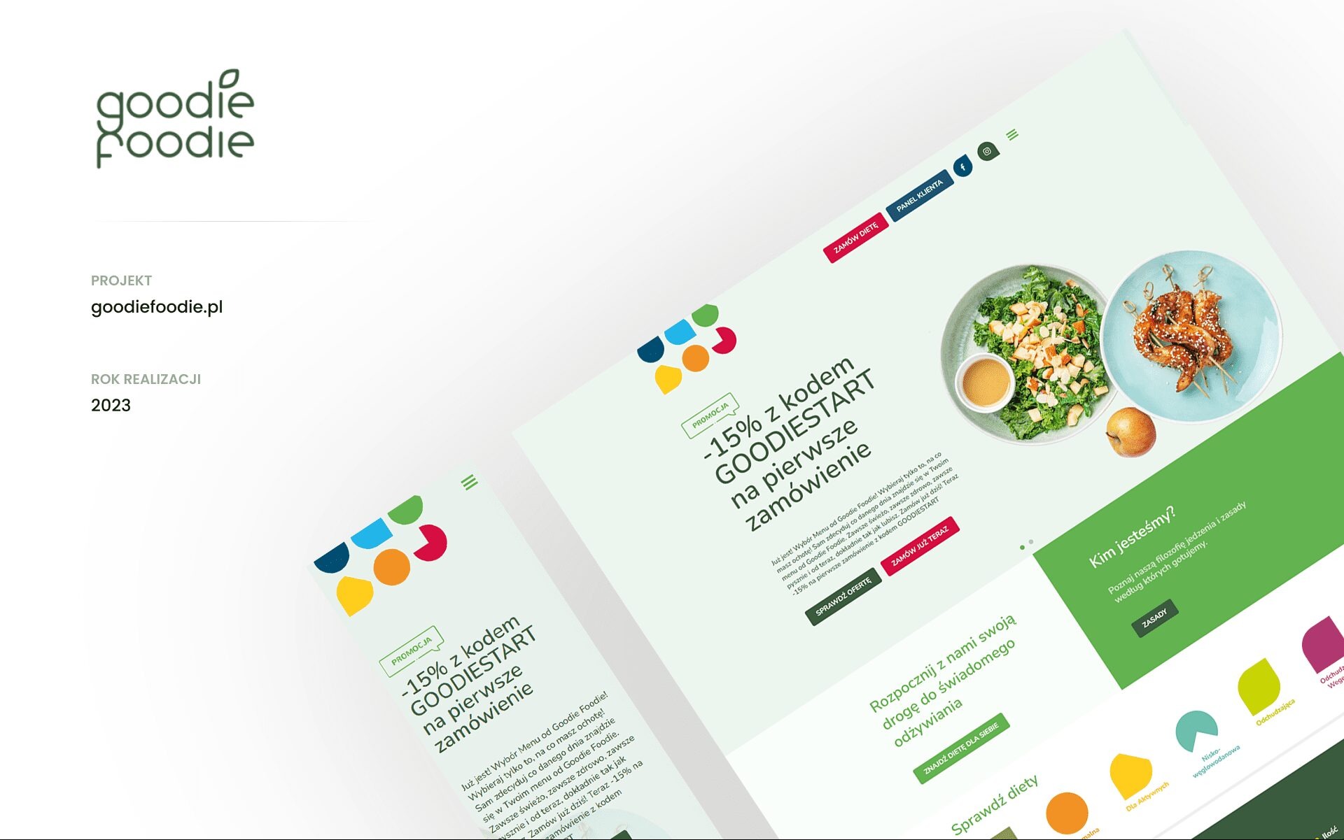 Projekt strony internetowej Goodie Foodie z promocją -15% z kodem GOODIESTART na pierwsze zamówienie. Widoczne zdjęcia dań i menu dietetyczne.