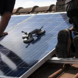 Montaż paneli fotowoltaicznych na dachu pokrytym czerwoną dachówką, widoczne narzędzia do przenoszenia paneli oraz fragmenty sylwetek dwóch monterów w odzieży roboczej.