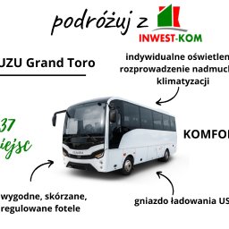 INWEST-KOM - Biały autobus Isuzu Grand Toro z opisem udogodnień: indywidualne oświetlenie, klimatyzacja, wygodne fotele skórzane z regulacją, gniazda USB do ładowania. Grafika reklamowa firmy Invest-Kom.