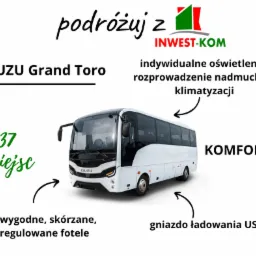 Biały autobus Isuzu Grand Toro z opisem udogodnień: indywidualne oświetlenie, klimatyzacja, wygodne fotele skórzane z regulacją, gniazda USB do ładowania. Grafika reklamowa firmy Invest-Kom.