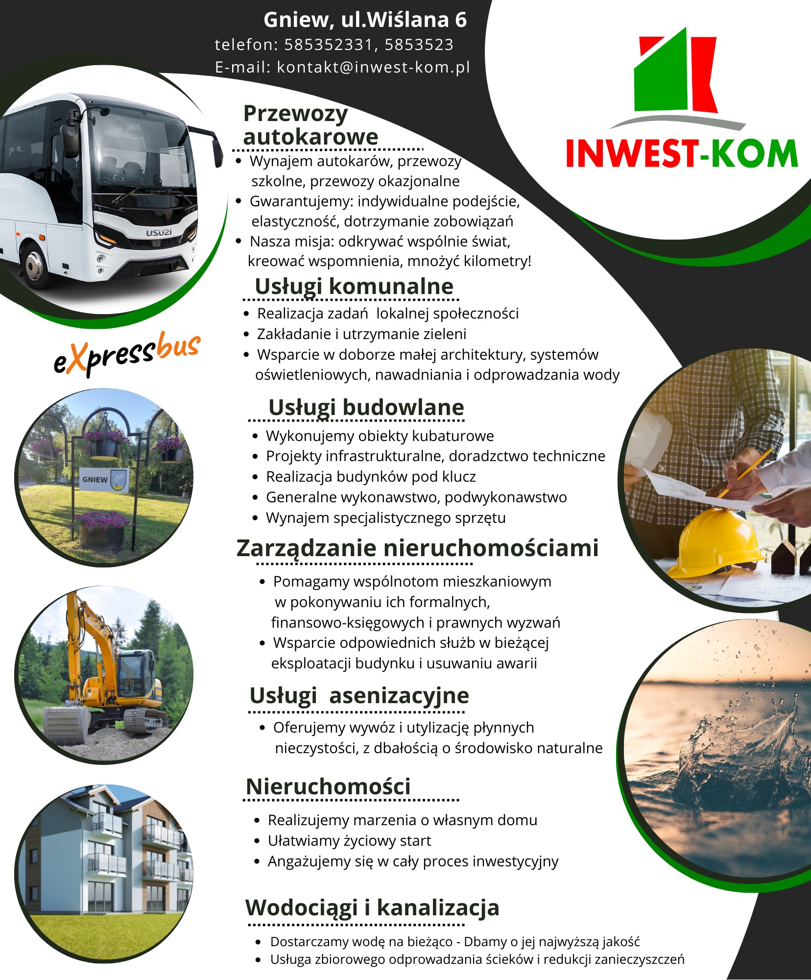 Ulotka reklamowa firmy Inwest-Kom z Gniewu, oferującej szeroki zakres usług: przewozy autokarowe, usługi komunalne, budowlane, zarządzanie nieruchomościami, asenizacyjne, nieruchomości...