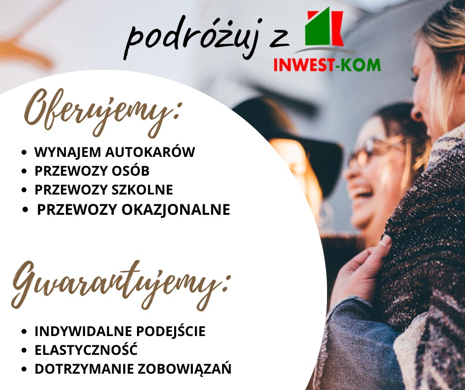 Grafika reklamowa firmy transportowej z ofertą wynajmu autokarów i przewozów, w tle uśmiechnięte osoby.