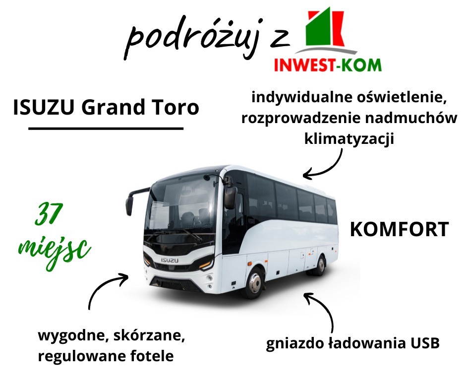 Biały autobus Isuzu Grand Toro z opisem udogodnień: indywidualne oświetlenie, klimatyzacja, wygodne fotele skórzane z regulacją, gniazda USB do ładowania. Grafika reklamowa firmy Invest-Kom.