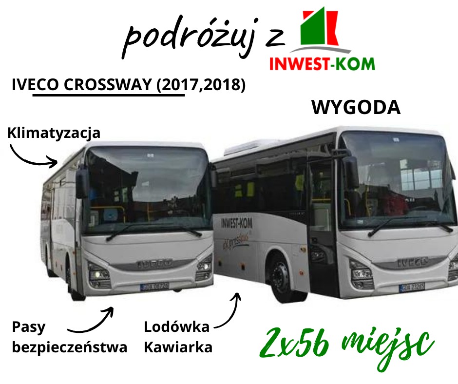 Dwa białe autobusy Iveco Crossway z logo firmy Inwest-Kom, oferujące klimatyzację, pasy bezpieczeństwa, lodówkę i kawiarkę, zapewniające wygodną podróż dla 2x56 pasażerów.