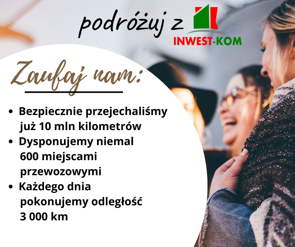Reklama firmy transportowej: podróżuj z Inwest-Kom, zaufaj nam - bezpiecznie przejechaliśmy już 10 mln kilometrów, dysponujemy niemal 600 miejscami przewozowymi, każdego dnia pokonujemy odległość...
