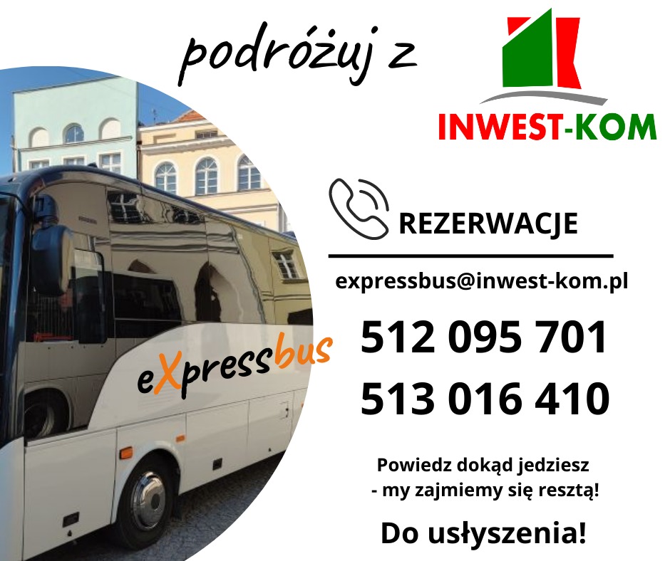 Biały autokar z napisem 'expressbus' na tle pastelowych budynków miejskich, obok informacje kontaktowe i logo firmy.