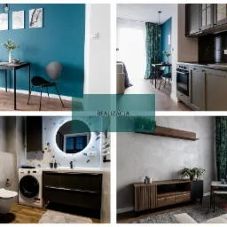 Kolaż przedstawiający cztery różne wnętrza: pokój z turkusową ścianą, czarnym stołem i krzesłami, kuchnię z ciemnymi szafkami, łazienkę z okrągłym lustrem podświetlanym ledami oraz salon...