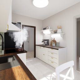 Boska Design - Wizualizacja kuchni w stylu nowoczesnym z drewnianym blatem, białymi szafkami, okapem z parą i elementami dekoracyjnymi na półkach.