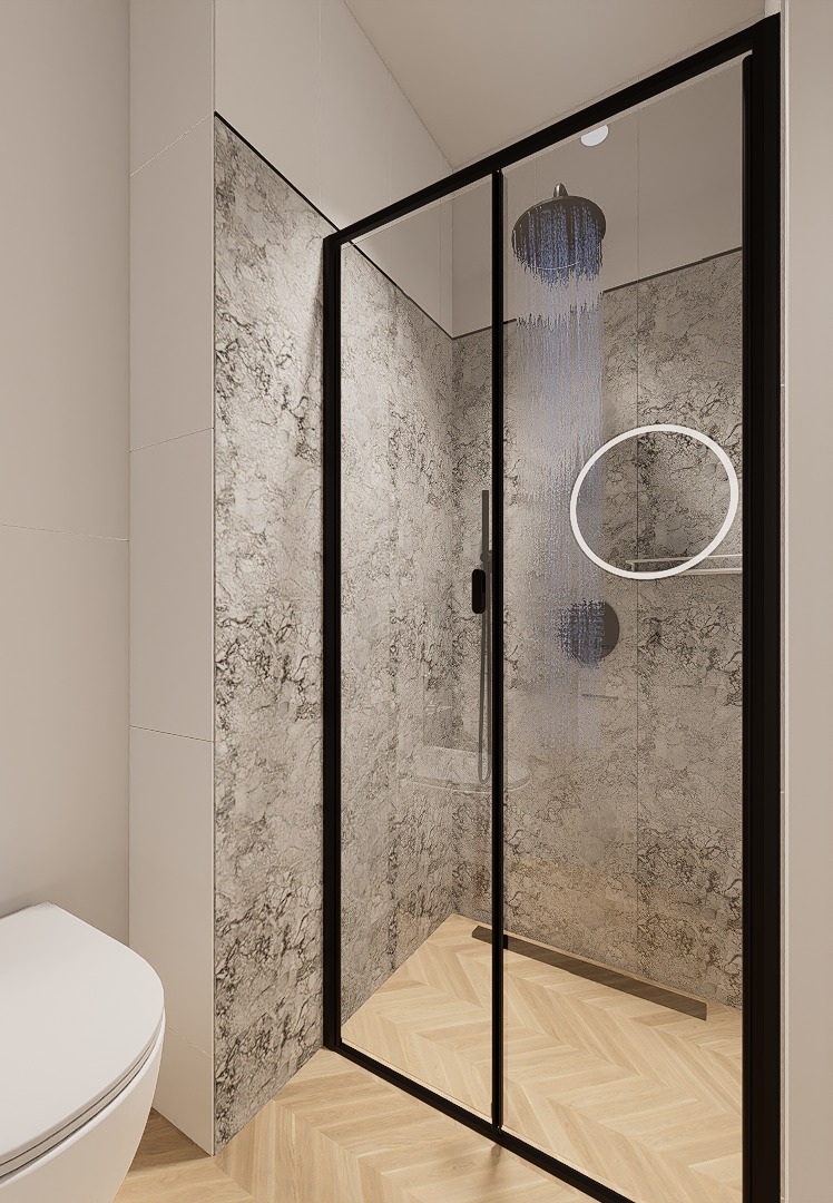 Wizualizacja nowoczesnej łazienki z kabiną prysznicową z czarnymi ramami, deszczownicą i oświetleniem LED, wykończonej płytkami imitującymi marmur i drewnianą podłogą w jodełkę.