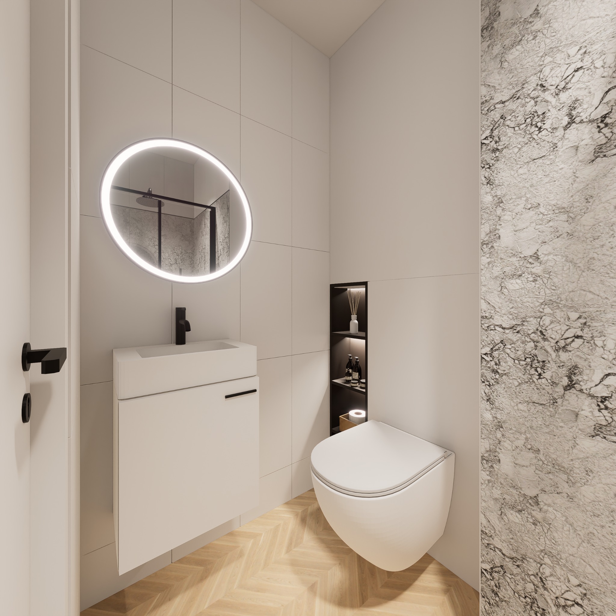 Nowoczesna łazienka z białymi płytkami, okrągłym lustrem z podświetleniem LED, wiszącą toaletą i drewnianą podłogą w jodełkę.