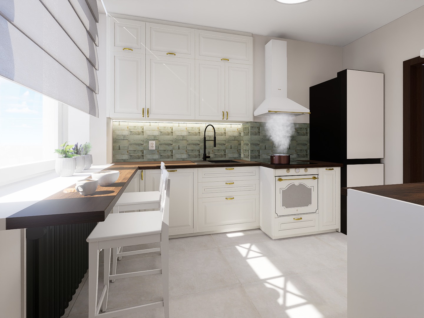 Wizualizacja kuchni w stylu klasycznym z białymi szafkami, złotymi uchwytami, czarnym blatem, ceramiczną płytą grzewczą z garnkiem, białym okapem i ceglaną mozaiką na ścianie.