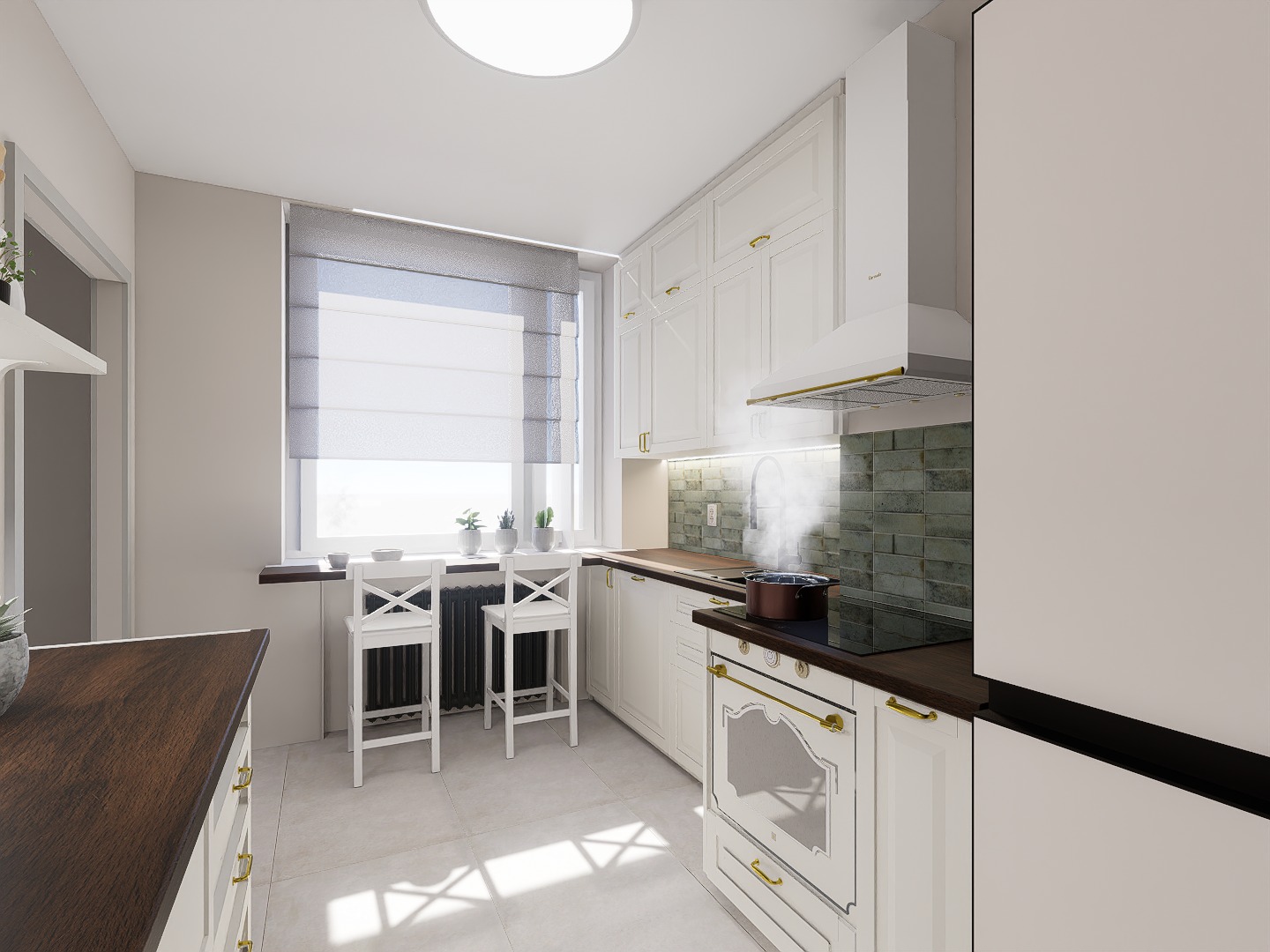 Jasna kuchnia z białymi meblami w stylu retro, ciemnym blatem i zielonymi płytkami na ścianie, para unosząca się z garnka na płycie grzewczej, dwa białe krzesła barowe przy oknie z roletą rzymską.
