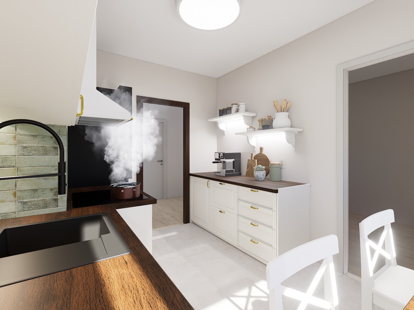 Wizualizacja kuchni w stylu nowoczesnym z drewnianym blatem, białymi szafkami, okapem z parą i elementami dekoracyjnymi na półkach.