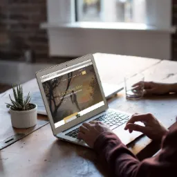 Mężczyzna przegląda na laptopie stronę internetową fotografa ślubnego z Kielc, na drewnianym stole w otoczeniu roślin i szklanki wody.