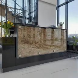 Nowoczesna recepcja z blatem z kamienia w kolorze beżowym, szklanym panelem mocowanym na okrągłe śruby, bukietem żółtych tulipanów w wazonie i rośliną doniczkową w czarnej osłonce, na tle...