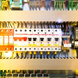 Szczegółowe ujęcie rozdzielnicy elektrycznej z bezpiecznikami, przewodami i modułami sterującymi KMA, zainstalowanej przez elektryka w Kaliszu.