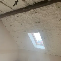 Poddasze po ociepleniu pianką, widoczne metalowe elementy mocujące, okno dachowe z widokiem na zewnątrz, drewniane belki stropowe.