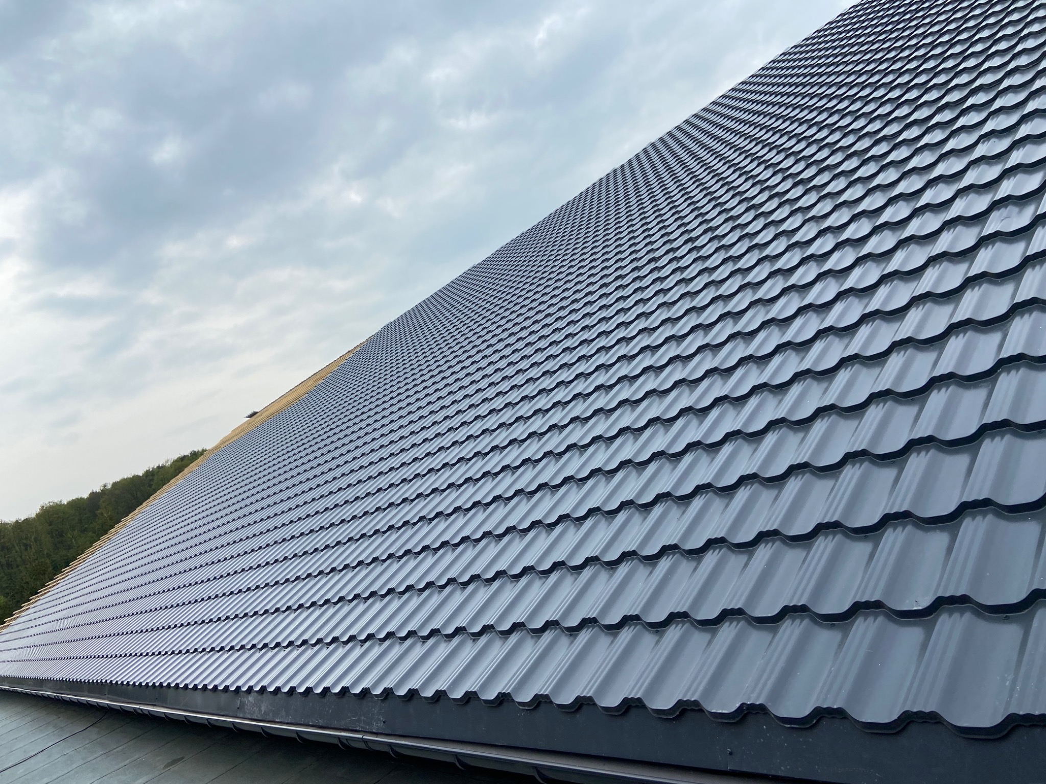 Nowy, grafitowy dach z blachy trapezowej z widocznym fragmentem rynny i lasu w tle, sfotografowany pod kątem.