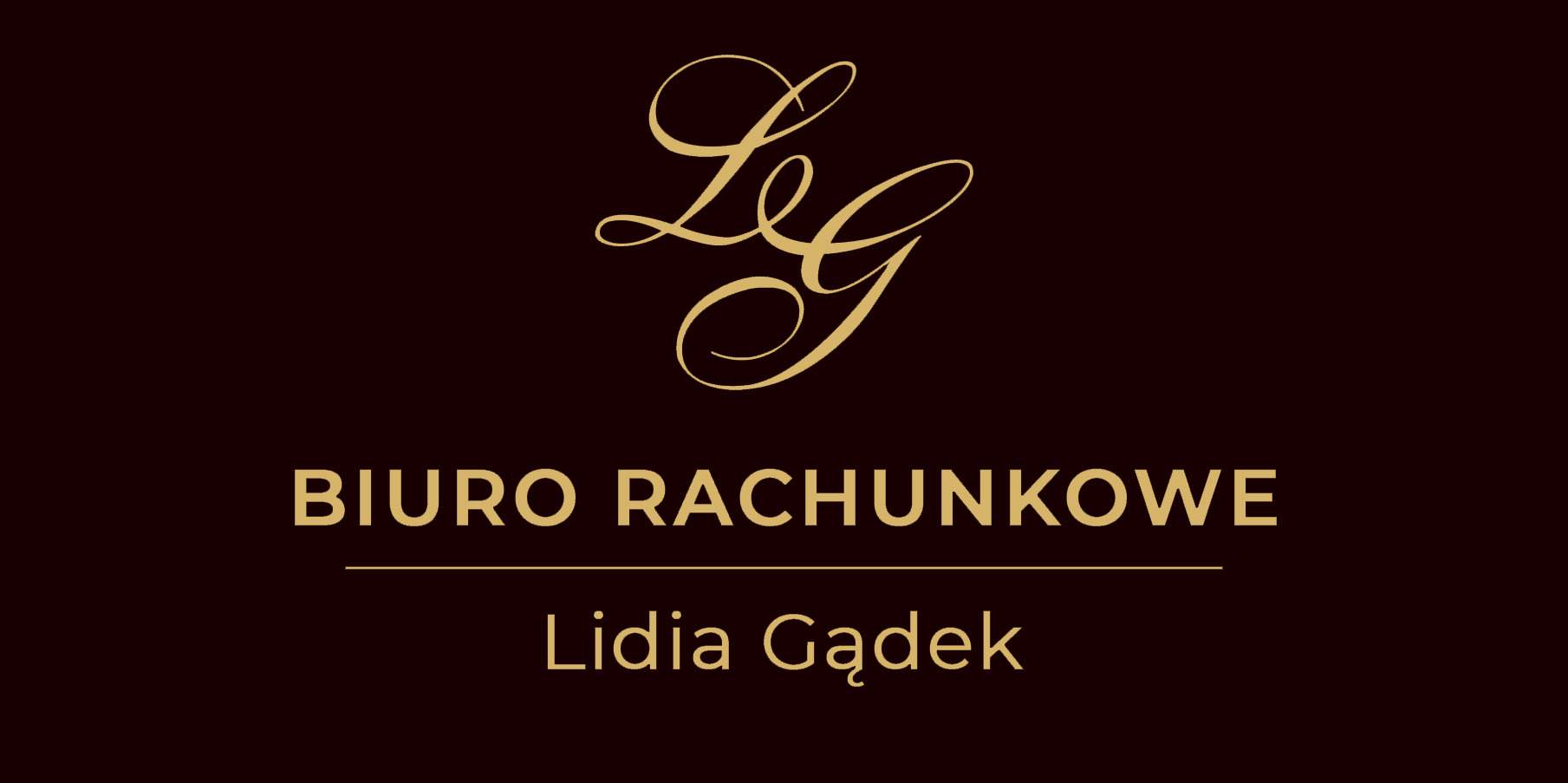 Eleganckie logo Biura Rachunkowego Lidia Gądek na ciemnobrązowym tle, z ozdobnym monogramem i prostą czcionką.