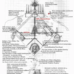 Symboliczny szkic koncepcji przestrzennej domu na planie krzyża, z uwzględnieniem ekonomii, semiotyki i uwarunkowań geograficzno-przyrodniczych, zawierający odniesienia do religijnych symboli...