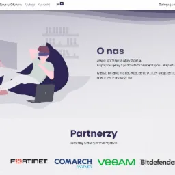 Ilustracja strony internetowej firmy IT: mężczyzna w goglach VR relaksuje się na pufie z laptopem, w tle ekran z wideokonferencją, sekcja 'O nas' i logo partnerów.