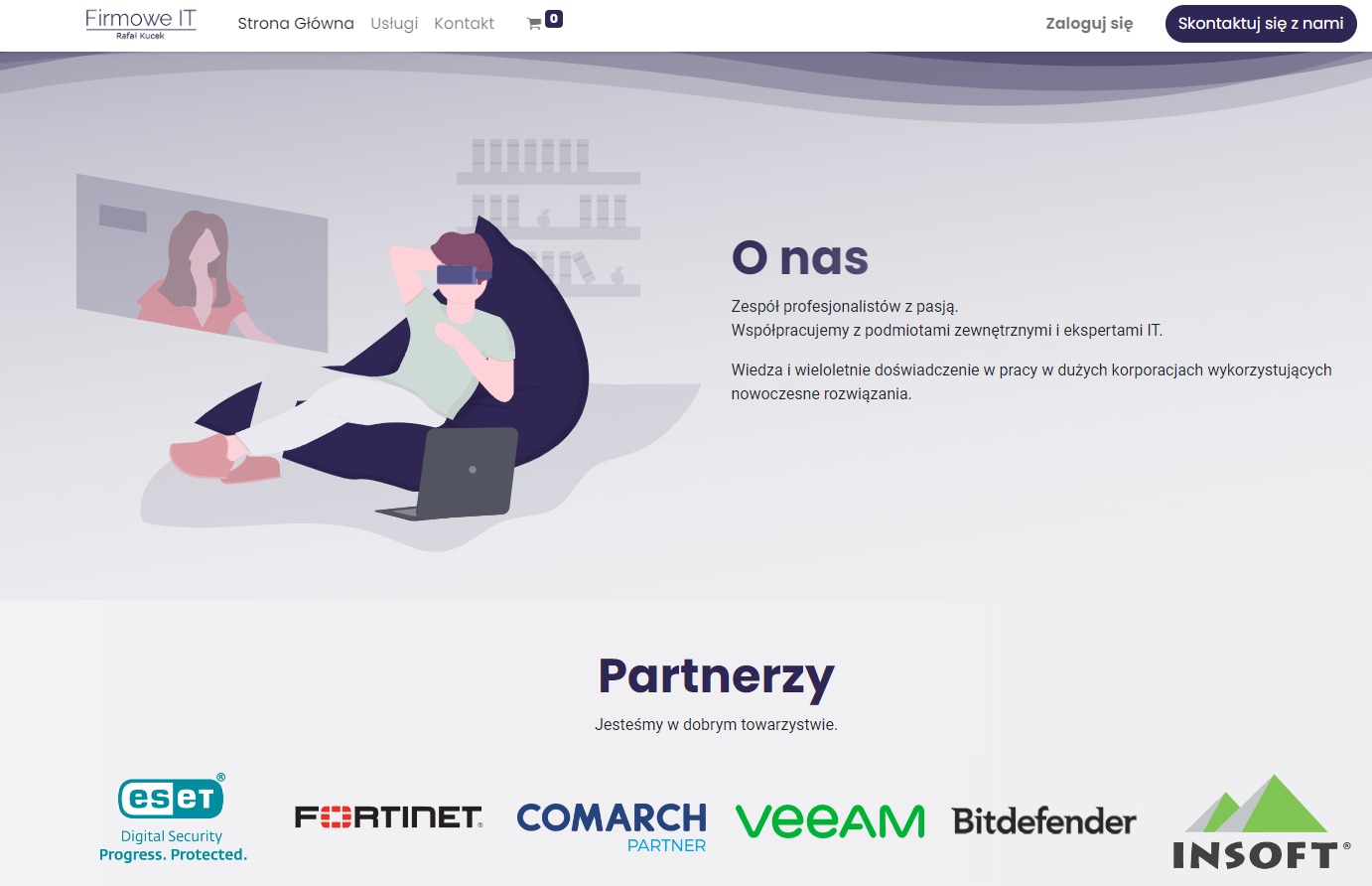 Ilustracja strony internetowej firmy IT: mężczyzna w goglach VR relaksuje się na pufie z laptopem, w tle ekran z wideokonferencją, sekcja 'O nas' i logo partnerów.
